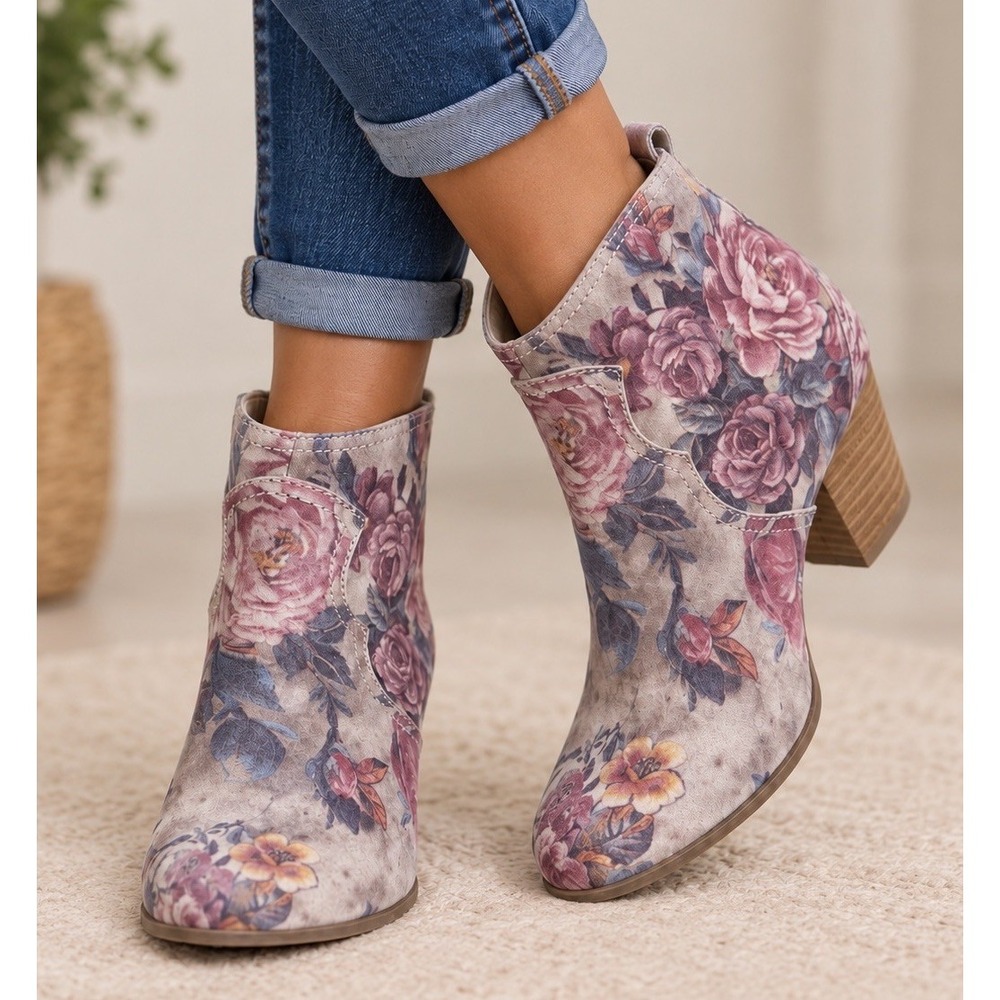 Sbicca Petunias Womens Y2K Vintage Floral Suede Ankle Booties Sz 6.5 Gray Pink